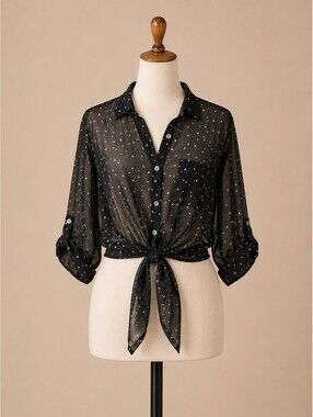 Lost + Wander Black Gold Star Tie Front Button Up Blouse Medium Sheer Shirt